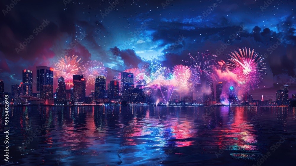 Fototapeta premium Spectacular Fireworks Display Over City Skyline on Patriot Day Celebrating National Pride and Unity
