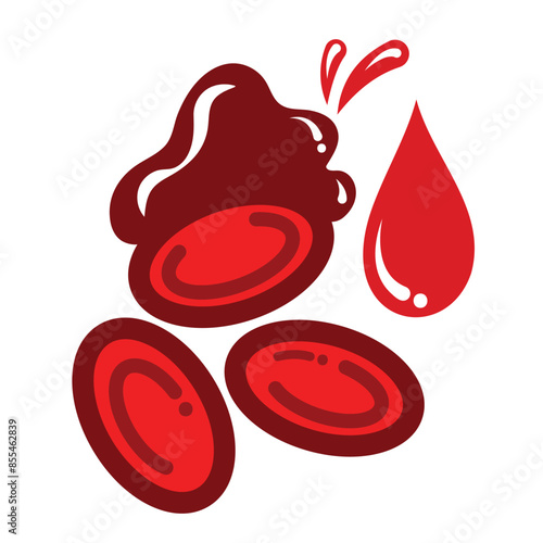 Red blood cells with liquid drops icon illustration with outline isolated on square white background. Simple flat cartoon art styled object drawing.