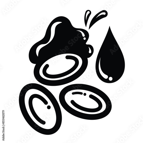 Blood cells with liquid drops icon illustration with black outline isolated on square white background. Simple flat cartoon art styled object drawing.