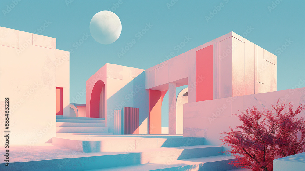 Architectural illustration of minimalist architecture, ellipses and squares, pink and orange pastels, blue sky background, geometric shapes, illustration, digital brush Architectural illustration of minimalist architecture, ellipses and squares, pink and orange pastels, blue sky background, geometric shapes, illustration, digital brush
