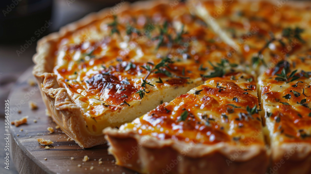 A freshly baked quiche Lorraine topped with herbs, served on a wooden board. A freshly baked quiche Lorraine topped with herbs, served on a wooden board.