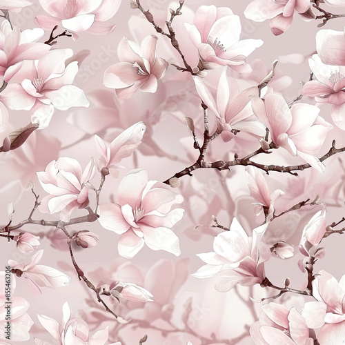 Delicate cherry blossoms and magnolias pattern, organic design, soft pink background.