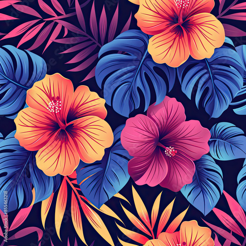 Wallpaper Mural Hibiscus and tropical leaves pattern, bold colors, geometric design, navy blue background. Torontodigital.ca