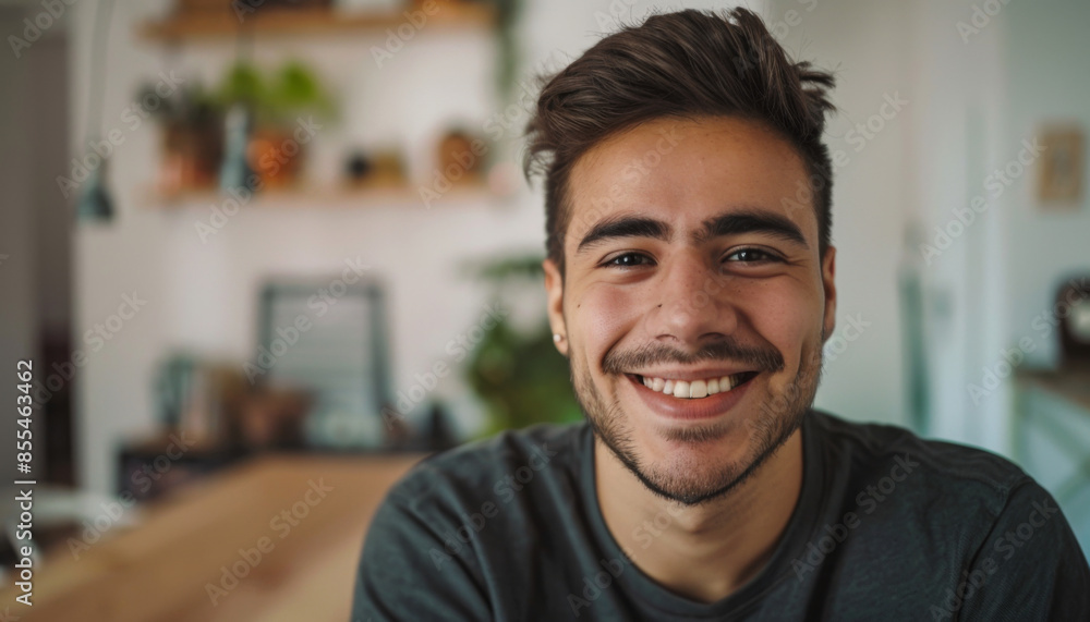 Happy Hispanic millennial man on a video call Happy Hispanic millennial man on a video call