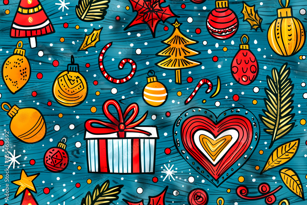 A blue background with a red heart and a white box with a red ribbon. The background is decorated with Christmas ornaments and a tree A blue background with a red heart and a white box with a red ribbon. The background is decorated with Christmas ornaments and a tree