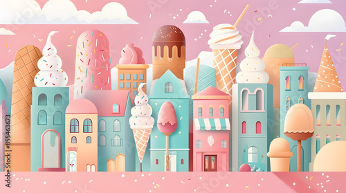 An enchanting ice cream city with pastel-colored buildings shaped like various ice cream cones and treats, creating a whimsical scene.