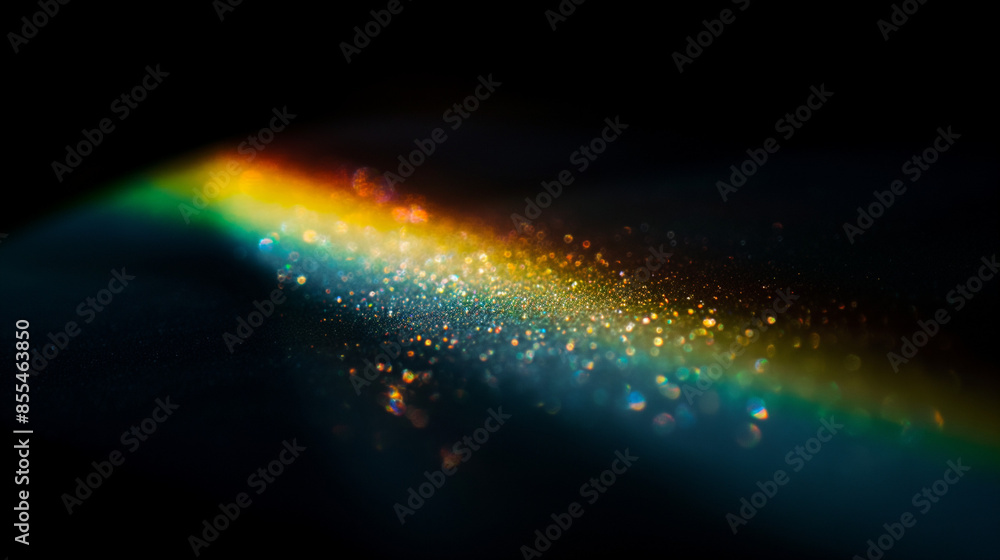 The luminous spectrum of the rainbow on black background, very small and blurry in center of frame, textured and grainy The luminous spectrum of the rainbow on black background, very small and blurry in center of frame, textured and grainy