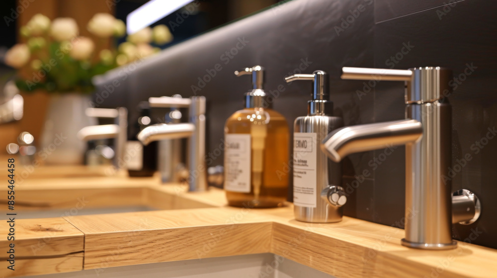 Row of elegant bathroom sink faucets and soap dispensers on a wooden counter, highlighting modern home decor and hygiene. Row of elegant bathroom sink faucets and soap dispensers on a wooden counter, highlighting modern home decor and hygiene.