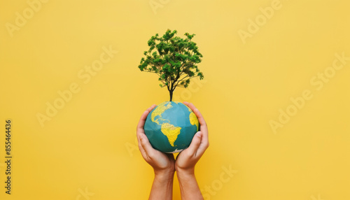 Hands holding paper earth with tree on yellow background