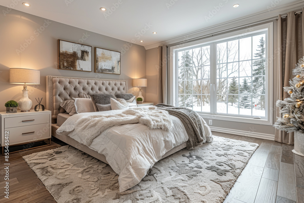 Fototapeta premium White and Gray Minimalistic Bedroom