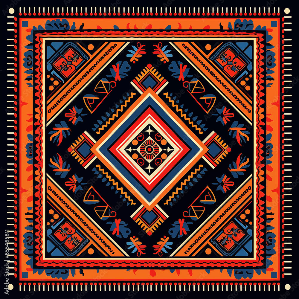 print design in the style of ethnic carpet patterns, Aztec art and African textile designs. Red blue yellow orange print design in the style of ethnic carpet patterns, Aztec art and African textile designs. Red blue yellow orange