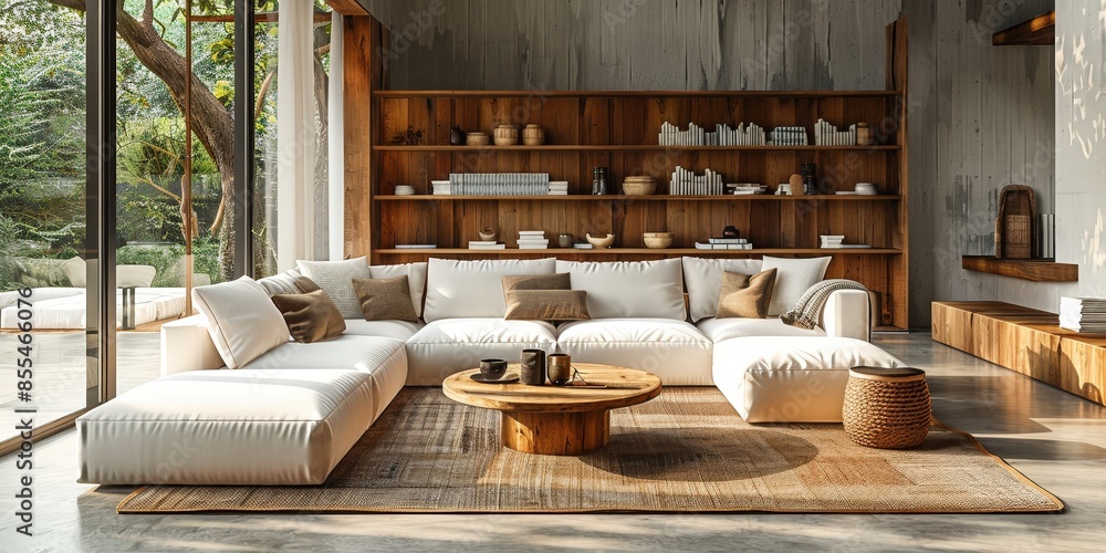 Modern Living Room with Wooden Accents and Natural Light Modern Living Room with Wooden Accents and Natural Light