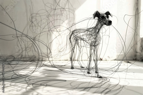 intricate wire sculpture of a dog with thin lines and shadows creating a delicate and artistic composition
 photo