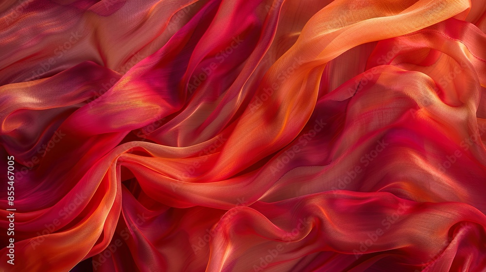 A vermilion silk scarf gently billowing in the wind, creating elegant and flowing patterns. A vermilion silk scarf gently billowing in the wind, creating elegant and flowing patterns.
