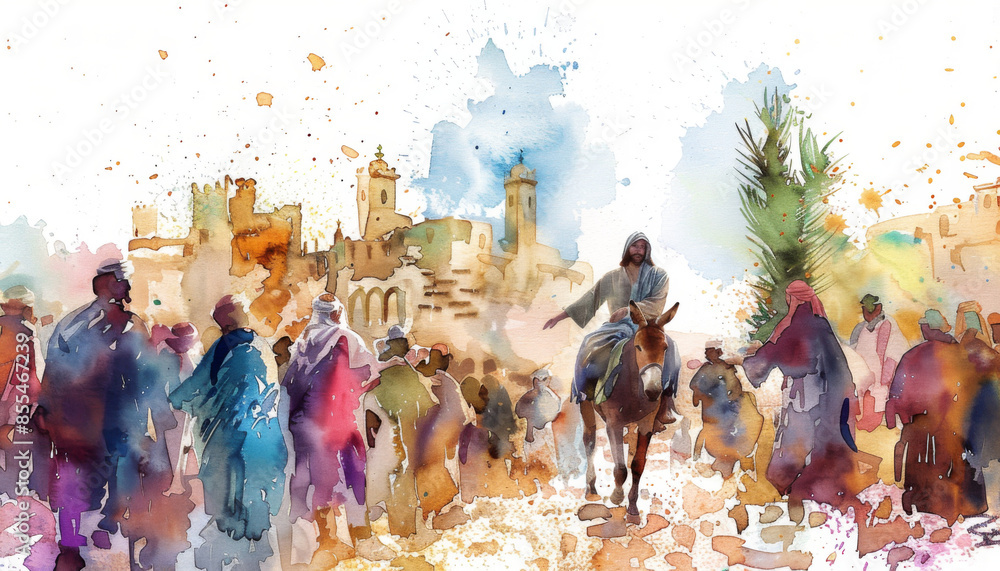 Fototapeta premium Jesus entering in Jerusalem on a donkey watercolor
