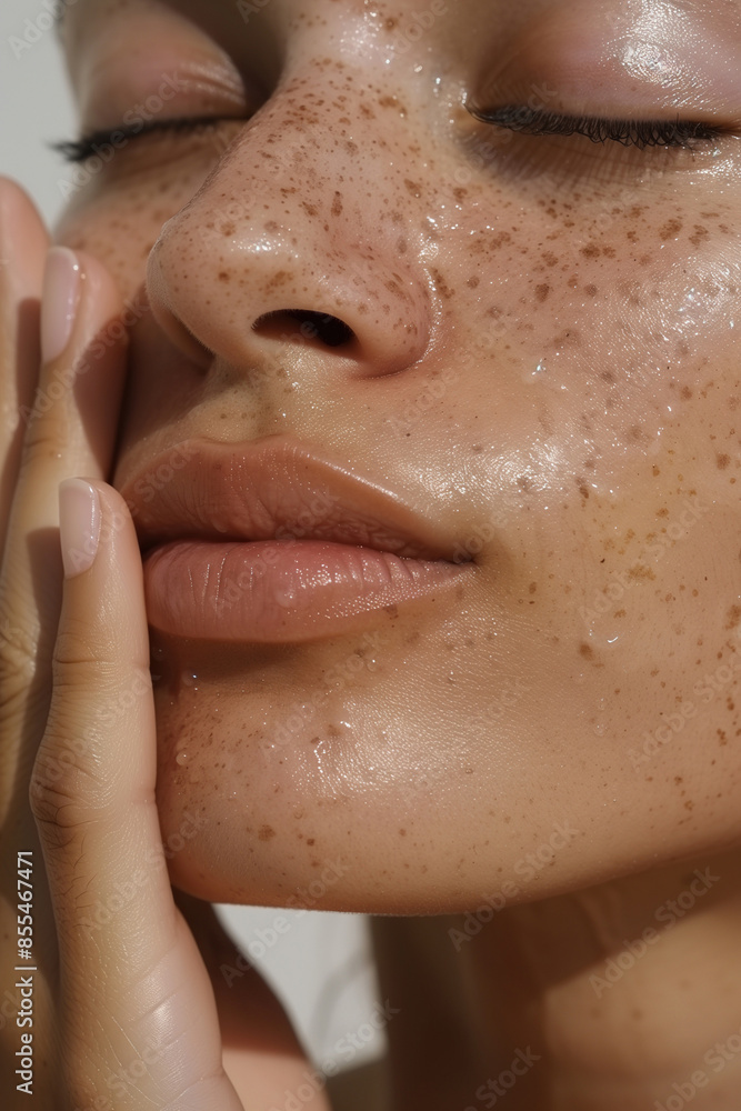 Detailed Close-Up Photo of a Young Woman, Touching Her Wet Face with Healthy Skin Detailed Close-Up Photo of a Young Woman, Touching Her Wet Face with Healthy Skin