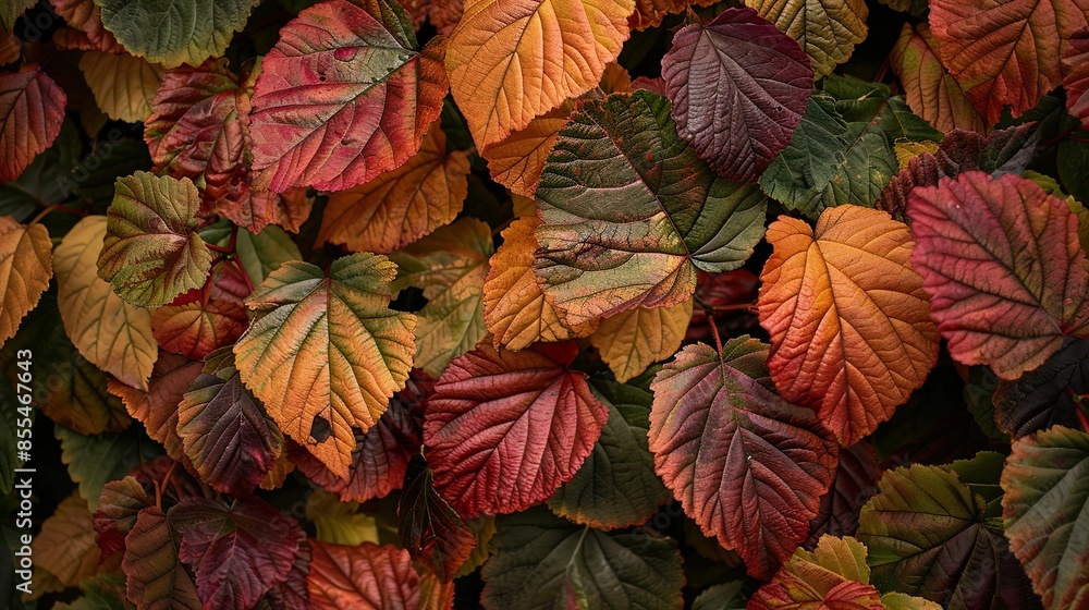 Fototapeta premium A nature photographer capturing the changing colors of mulberry leaves in autumn, from green to shades of red and orange