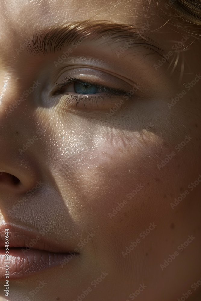 Fototapeta premium Detailed Close-Up Photo of a Middle-aged Woman in Her 40s with Glowing, Healthy Skin, Without Makeup