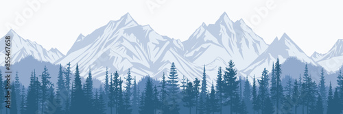 Mountain landscape with forest, morning haze, vector illustration, panoramic view	