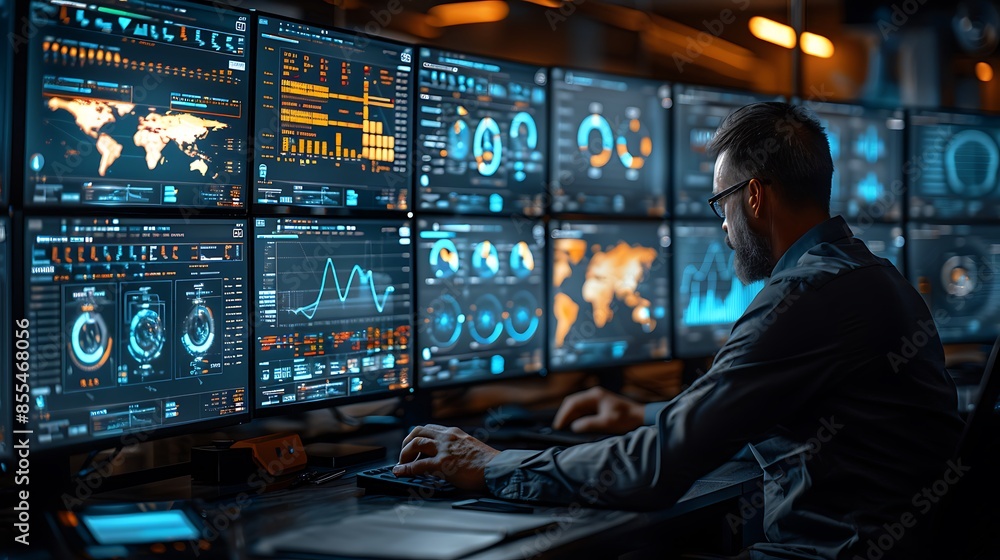 Man Looking at Global Economic Flow Screen Man Looking at Global Economic Flow Screen