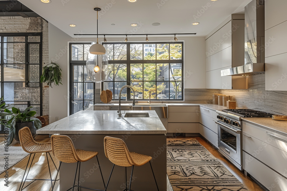 Obraz premium Gray Kitchen Interior with Bar