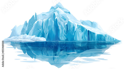 A vast iceberg floats serenely on clear blue water, reflecting its towering icy peaks and pristine beauty in the stillness.