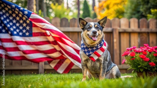 A Blue Heeler Sits In Front Of An American Flag, Wearing A Patriotic Bandana. photo