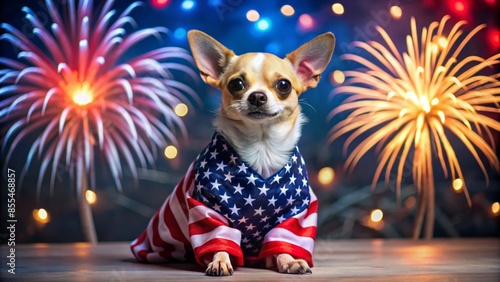 Patriotic Chihuahua In Front Of Fireworks Display. photo