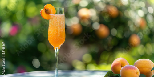 Apricot bellini, a refreshing apricot bellini, served in a champagne flute, garnished with a fresh apricot slice photo