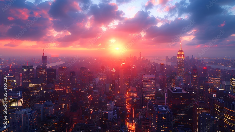 Fototapeta premium A drone view of a city at dusk, with skyscrapers, illuminated streets, and the last light of the sun creating a warm glow. Minimalist and realistic, capturing the essence of urban life