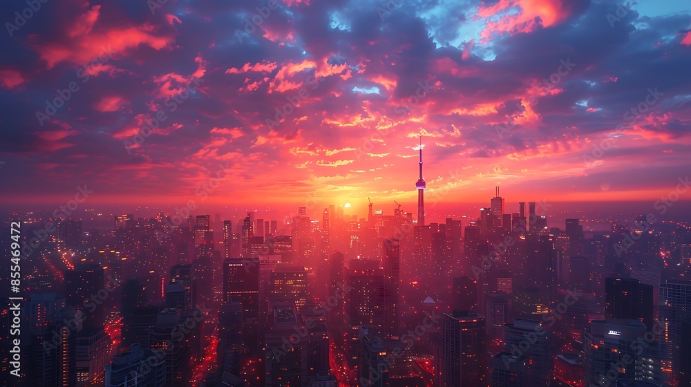 A drone view of a vibrant city at dusk, skyscrapers lit up, streets bustling with activity, and the sky painted with warm sunset hues. Realistic and minimalist, capturing the energy A drone view of a vibrant city at dusk, skyscrapers lit up, streets bustling with activity, and the sky painted with warm sunset hues. Realistic and minimalist, capturing the energy