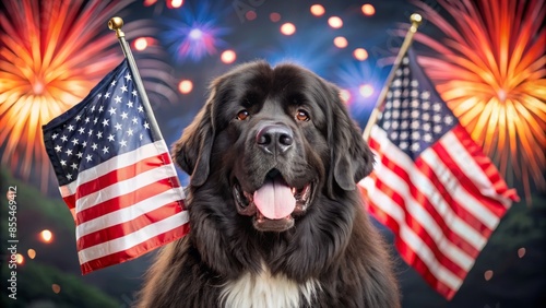 Patriotic Black Dog With American Flags Against Fireworks photo