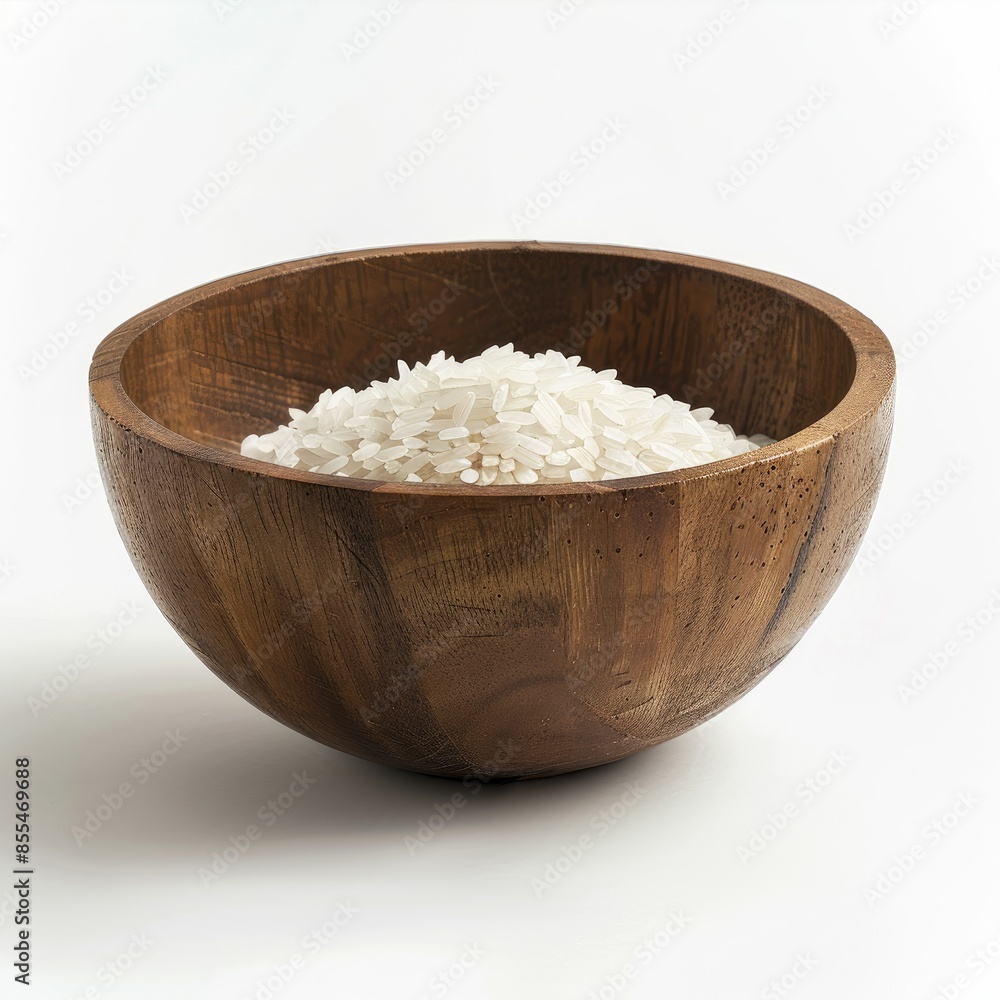 Rustic wooden bowl with a serving of rice, isolated on a pristine white backdrop Rustic wooden bowl with a serving of rice, isolated on a pristine white backdrop