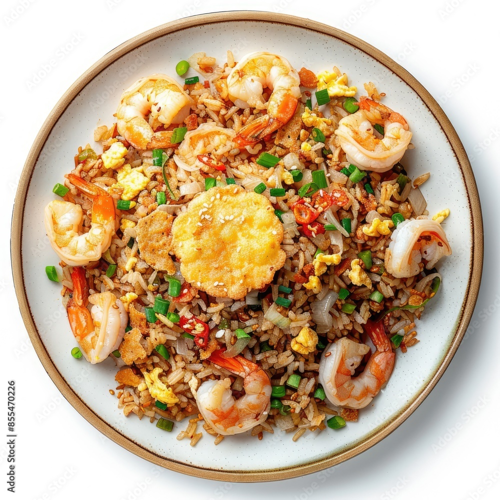 Top view of a plate of Indonesian fried rice with prawn crackers, isolated on white Top view of a plate of Indonesian fried rice with prawn crackers, isolated on white