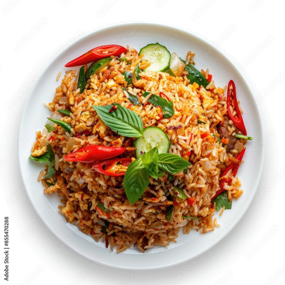 Top view of flavorful Indonesian fried rice with vegetables and chili, isolated on white Top view of flavorful Indonesian fried rice with vegetables and chili, isolated on white