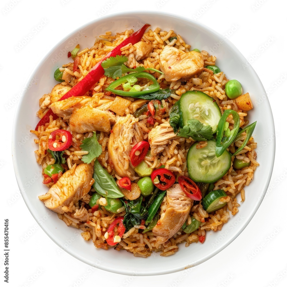 Top view of spicy Indonesian fried rice with chicken and vegetables, isolated on white Top view of spicy Indonesian fried rice with chicken and vegetables, isolated on white
