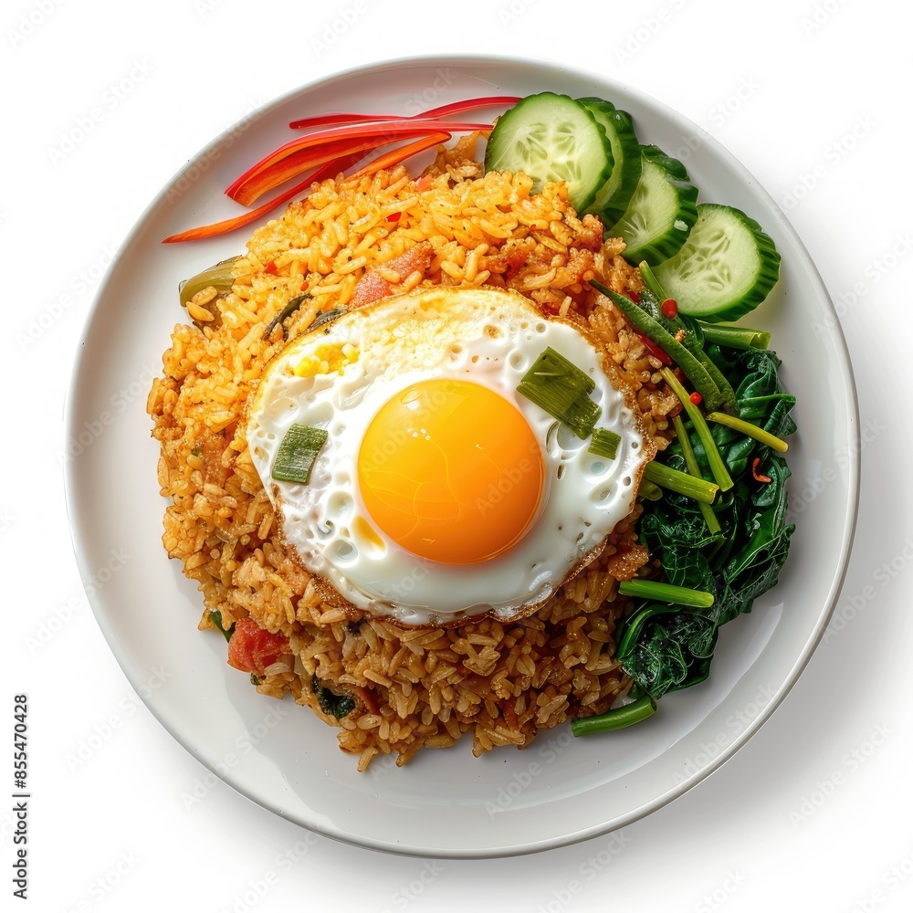 Top view of traditional Indonesian fried rice with egg and greens, isolated on white Top view of traditional Indonesian fried rice with egg and greens, isolated on white