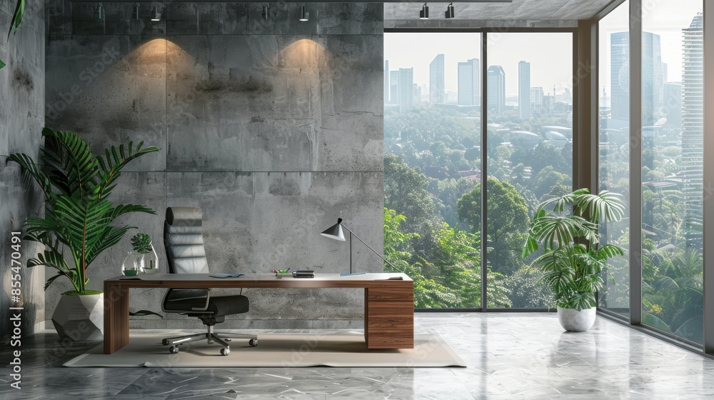 A modern office with a large window overlooking a city A modern office with a large window overlooking a city