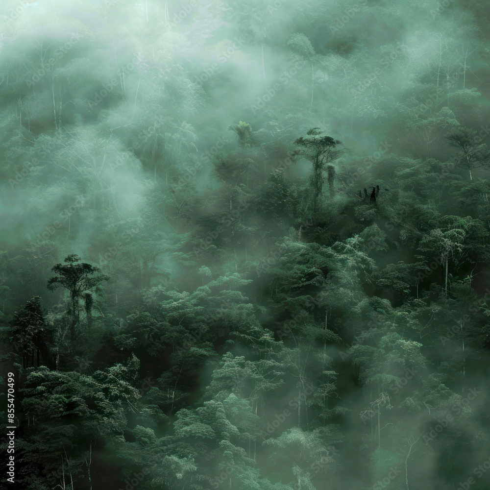 Fototapeta premium A dense forest shrouded in mist landscape