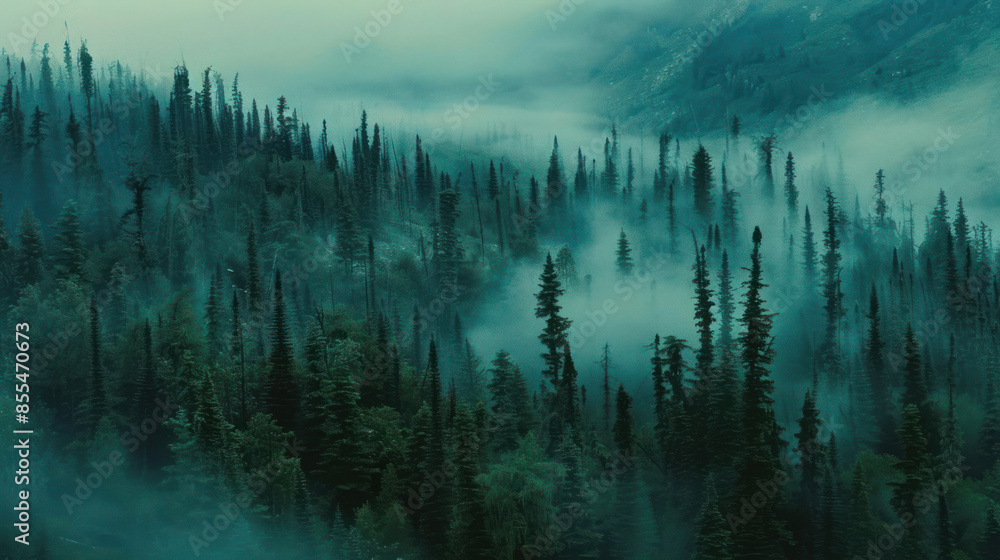 Obraz premium A dense forest shrouded in mist landscape