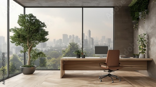Fototapeta Naklejka Na Ścianę i Meble -  A modern office with a large window overlooking a city