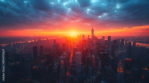Drone flying over a cityscape at sunset, showcasing tall buildings, busy streets, and the transition from daylight to night. Minimalist style with realistic lighting and textures