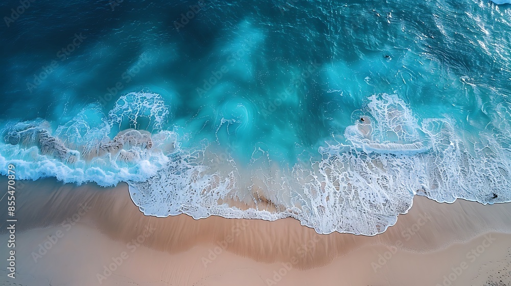 Drone perspective over a pristine beach, showcasing the contrast between the turquoise ocean and white sand, with subtle waves and surfers in the distance. Minimalist and realistic Drone perspective over a pristine beach, showcasing the contrast between the turquoise ocean and white sand, with subtle waves and surfers in the distance. Minimalist and realistic