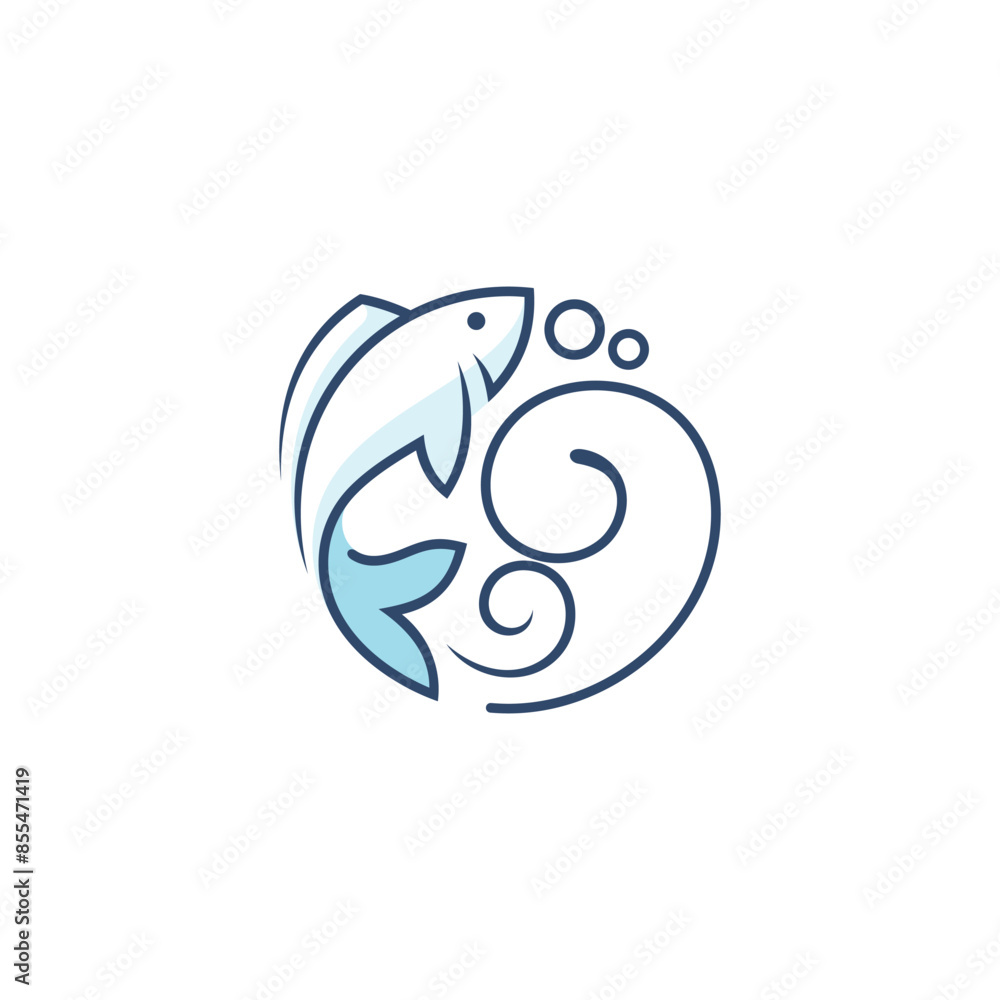 The tuna fish icon is swimming and forming a circle, fish and wave The tuna fish icon is swimming and forming a circle, fish and wave