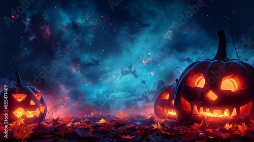 halloween pumpkins with glowing faces in a spooky night landscape, halloween celebration concept
