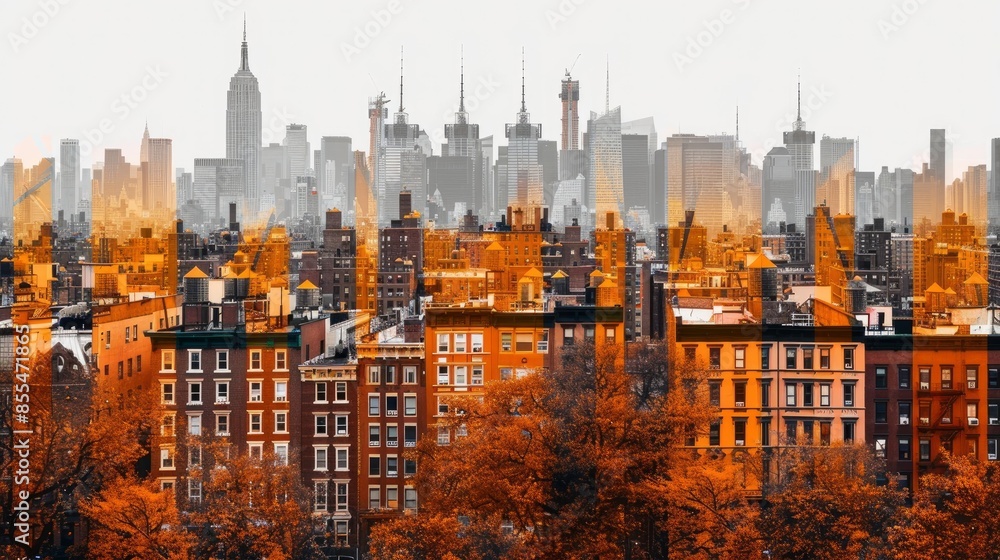 Fototapeta premium An illustration of a bustling city skyline, with skyscrapers and bridges, on digital canvas with dynamic lines, an urban map overlay, in an elevated view,