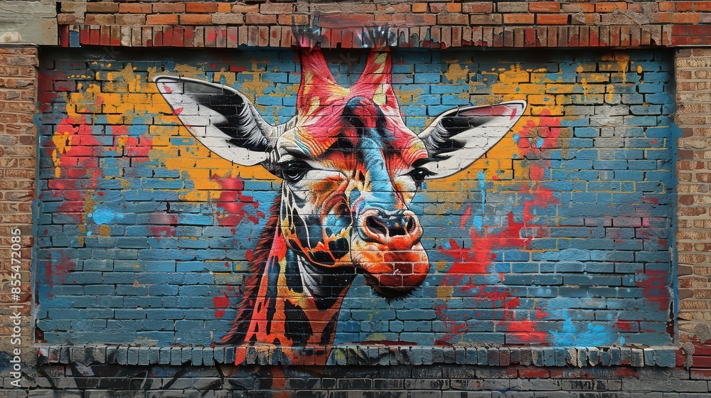 Street graffiti on brick wall, colorful girrafe Street graffiti on brick wall, colorful girrafe