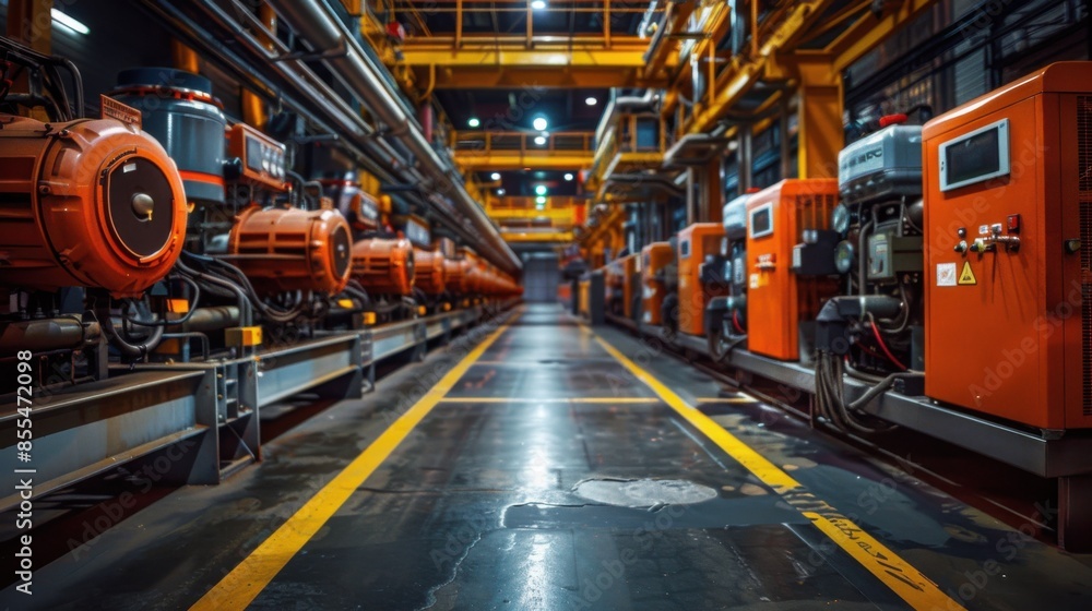 A large industrial building with many orange machines A large industrial building with many orange machines