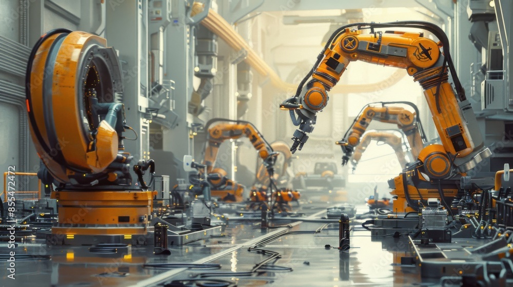 A factory with robots in orange and yellow A factory with robots in orange and yellow