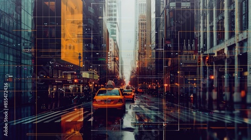 Wallpaper Mural  An illustration of a futuristic city, with towering skyscrapers and flying cars, on digital screen with neon lights, a holographic grid overlay, in a perspective view, Torontodigital.ca